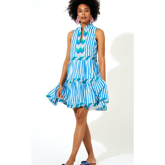 OLIPHANT Tuckernuck Playa Blue Striped Yoke Mini Dress Flirty Flare Cotton XL - Picture 8 of 14